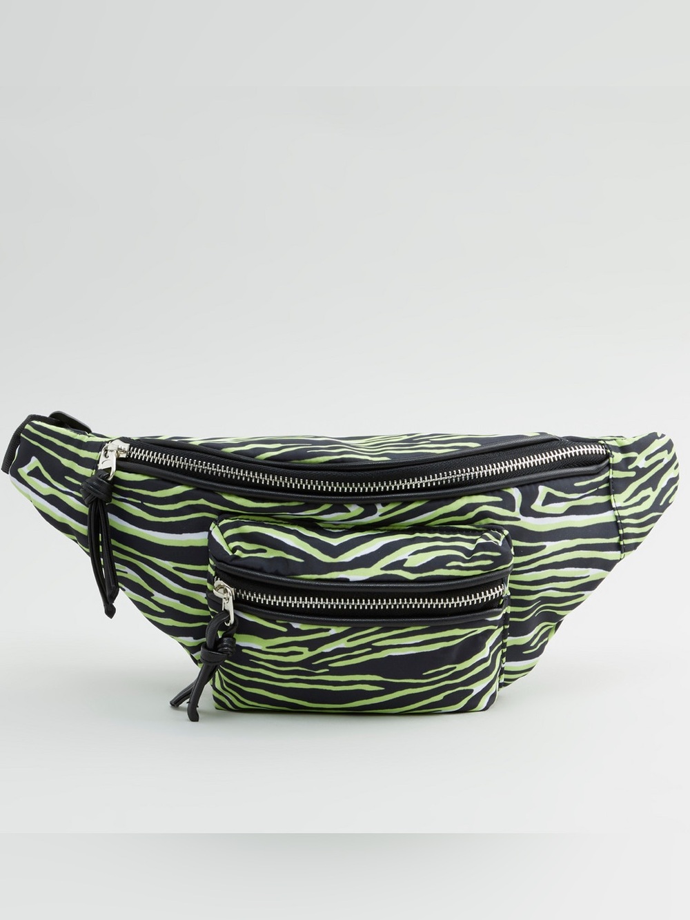 Pull & Bear Neon Green Zebra Animal Print Waist Crossbody Bag Zip Closure
